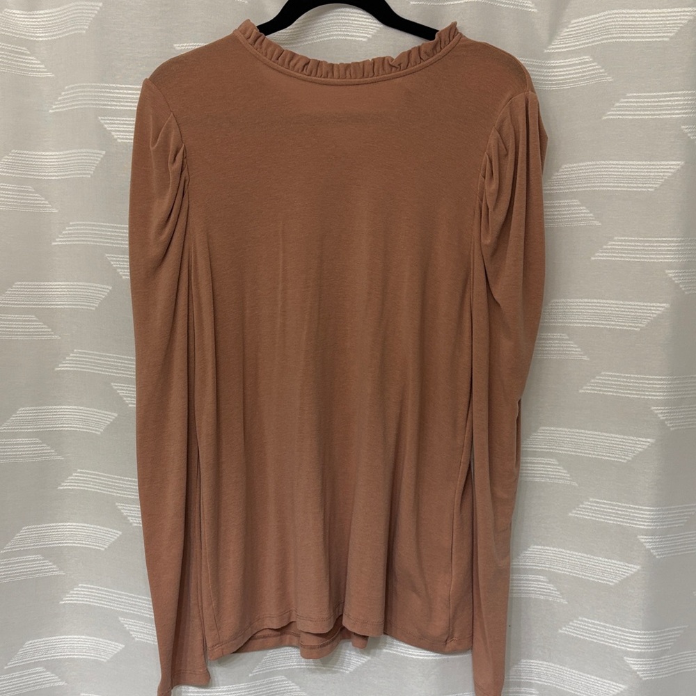 Doe & Rae Long Sleeve Ruffle Neck Top - Warm Brown